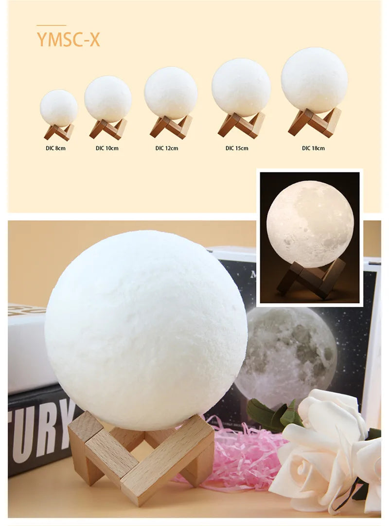 3D Print Moon Lamp Rechargeable 2 Color Touch Moon Lamp LED Night Light Children's Night Lamp Bedroom Decoration Birthday Gifts