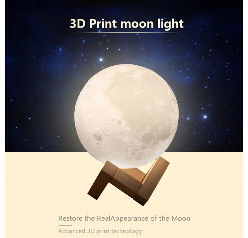 3D Print Moon Lamp Rechargeable 2 Color Touch Moon Lamp LED Night Light Children's Night Lamp Bedroom Decoration Birthday Gifts