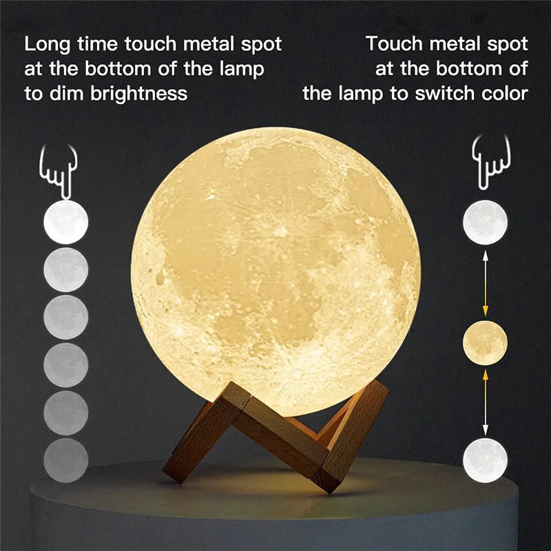 3D Print Moon Lamp Rechargeable 2 Color Touch Moon Lamp LED Night Light Children's Night Lamp Bedroom Decoration Birthday Gifts
