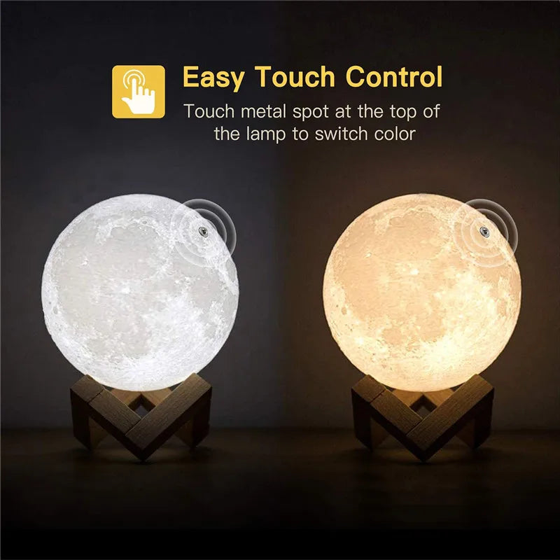 3D Print Moon Lamp Rechargeable 2 Color Touch Moon Lamp LED Night Light Children's Night Lamp Bedroom Decoration Birthday Gifts